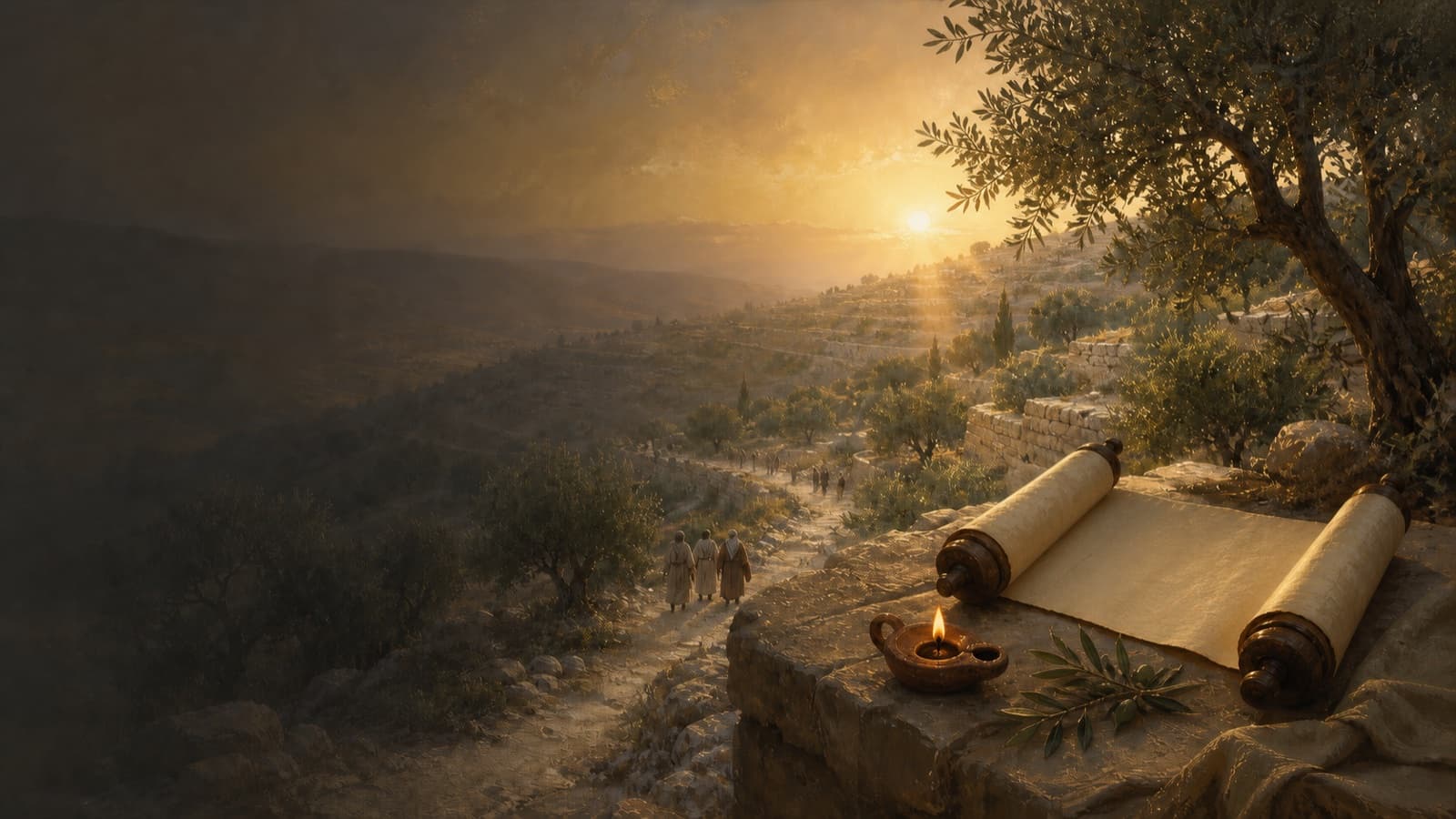 Dawn over ancient Judean hills with an olive tree, a blank scroll, and travelers on a terraced path