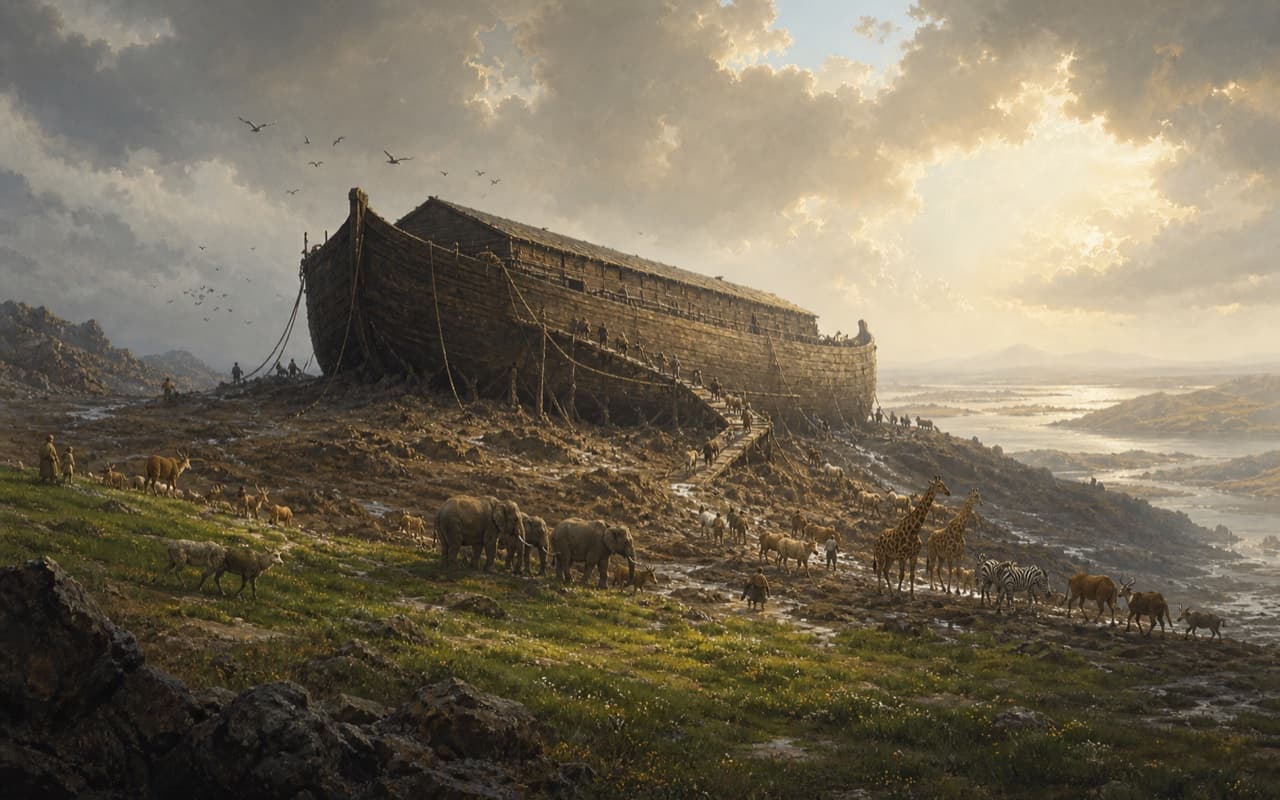Une arche antique en bois, interprétée avec retenue, repose au-dessus des eaux tandis que les animaux gagnent la terre