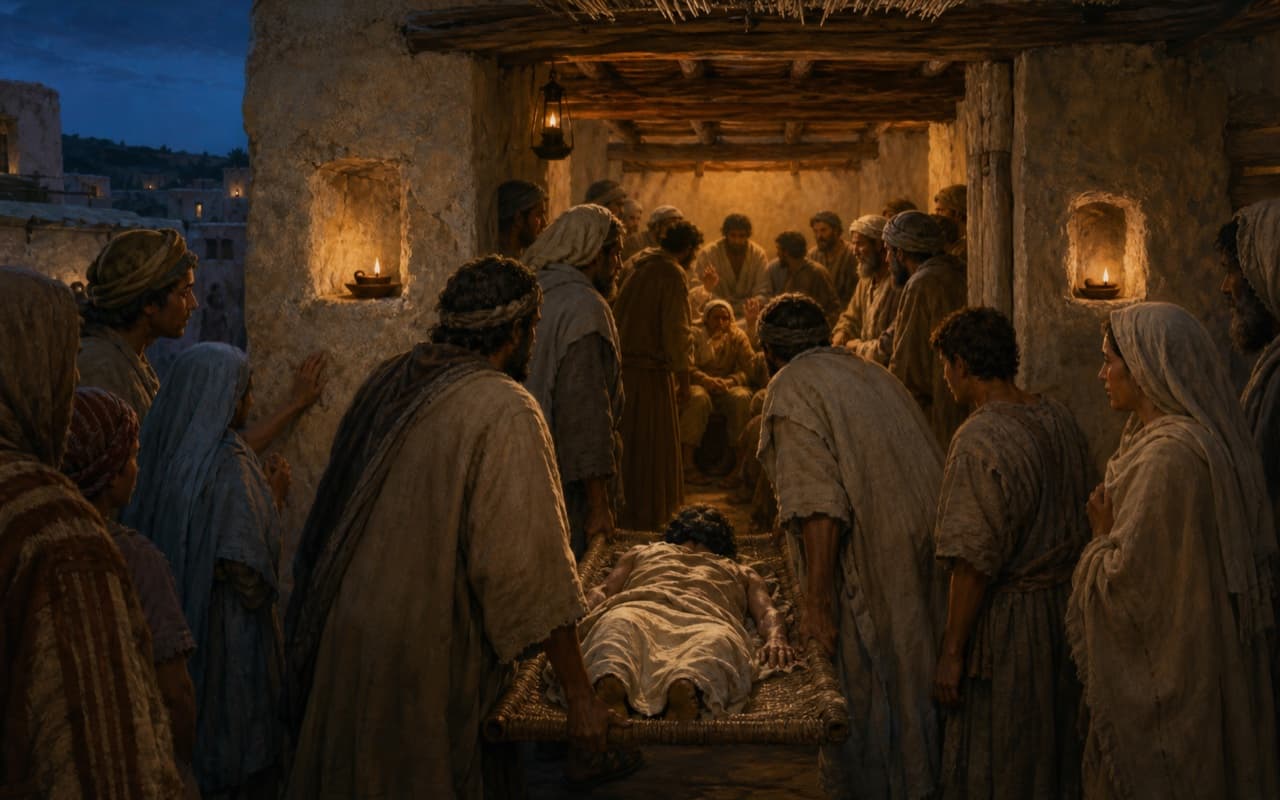 Neighbors crowd a lamplit Galilean doorway while making space for a person on a woven mat