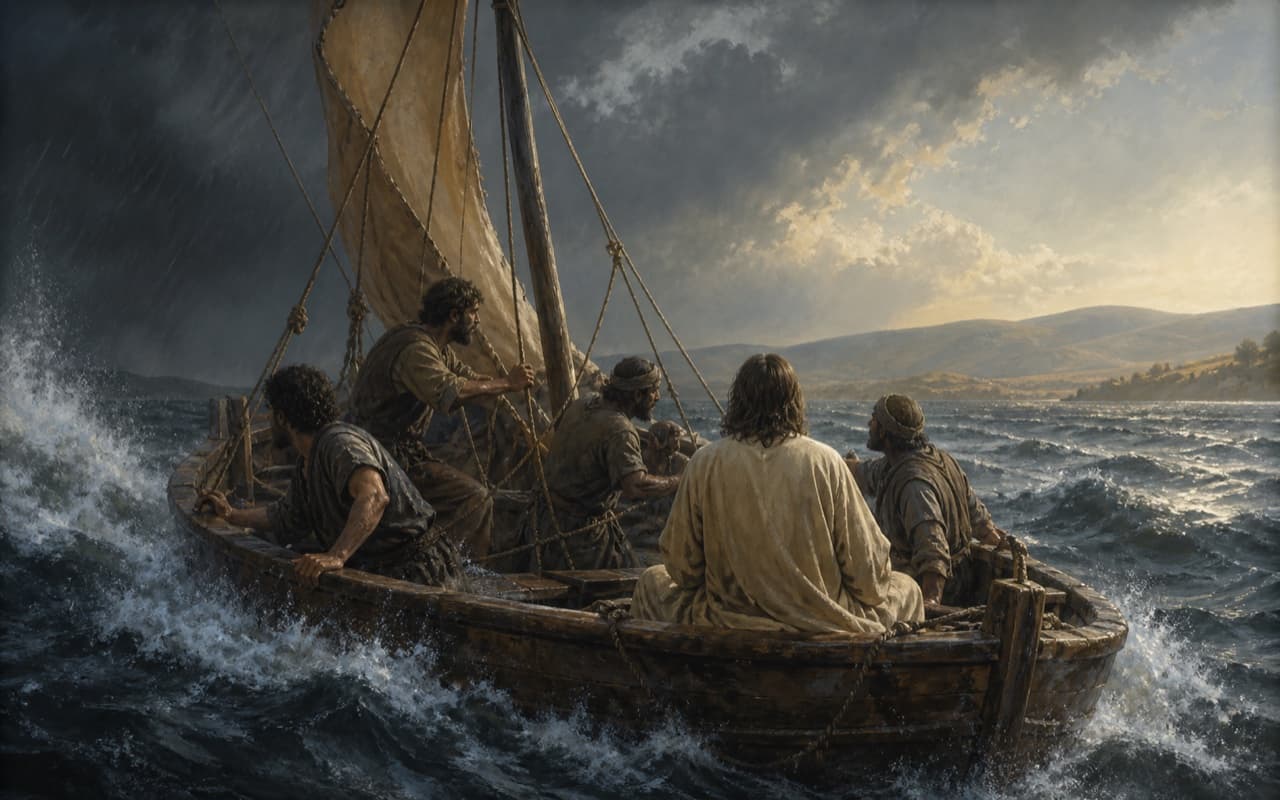 Une barque de pêche galiléenne du premier siècle traverse une soudaine tempête sur le lac