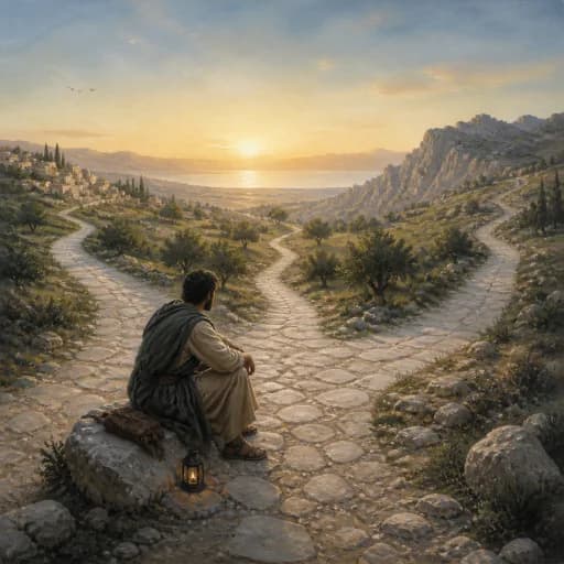 A traveler pausing thoughtfully where three roads meet at dawn