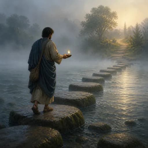 A traveler crossing stepping stones through mist with a small lamp
