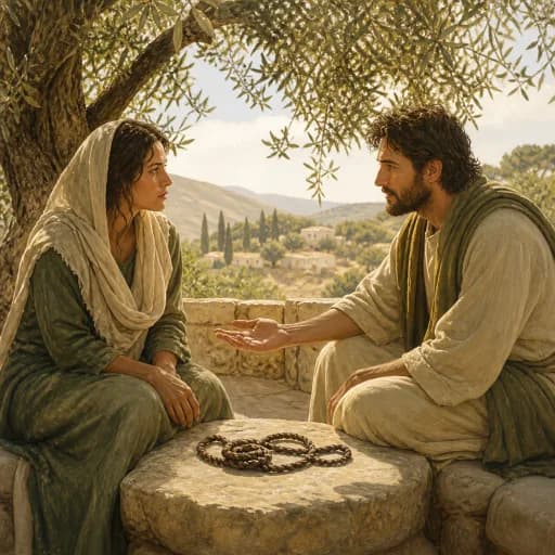 Two people meeting with open hands beneath an olive tree