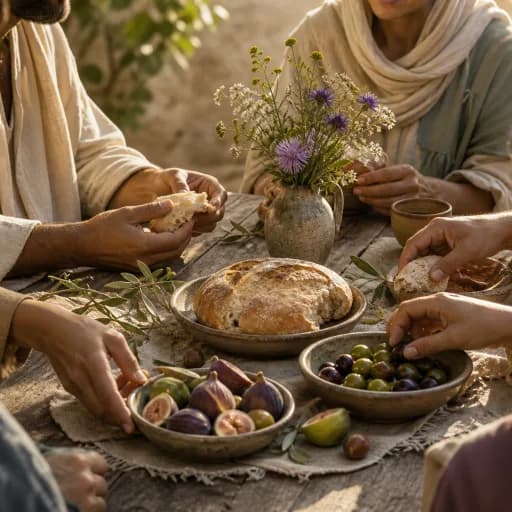 Hands gathered around a simple table of bread, olives, and figs
