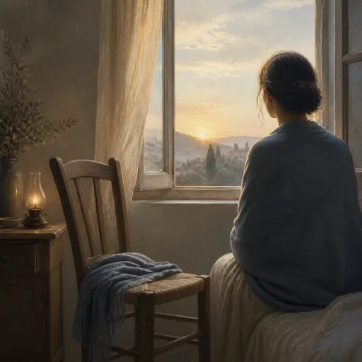 A quiet figure beside an empty chair as dawn enters the room