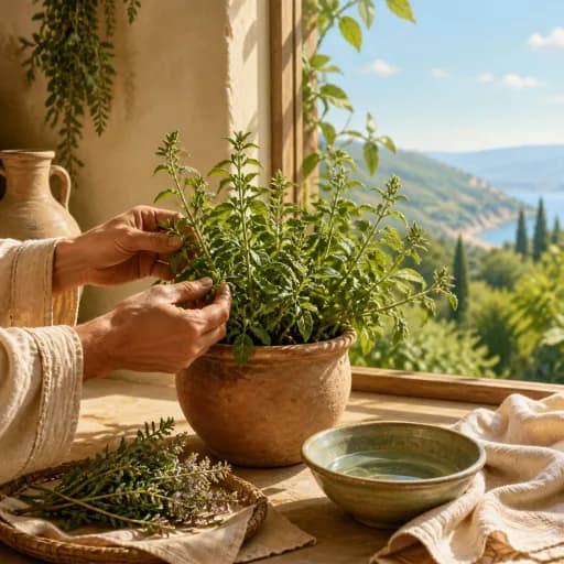 Hands tending a flourishing herb beside fresh water and an open window