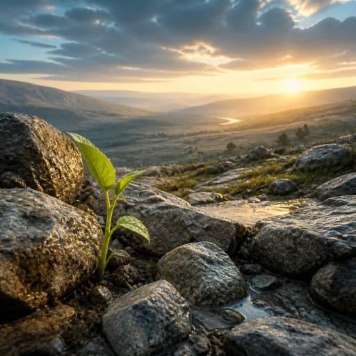 A green shoot rising between rain-washed stones at sunrise
