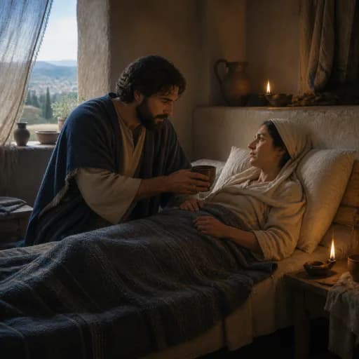 A caring companion offering water at a quiet bedside