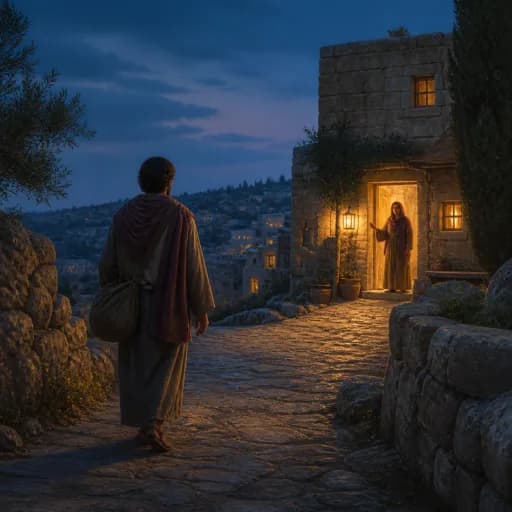 A solitary traveler approaching a warmly lit welcoming doorway