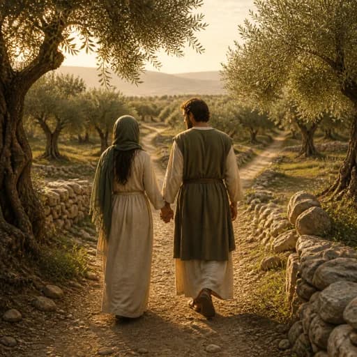 A couple walking hand in hand through an old olive grove