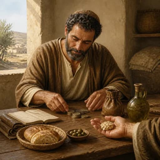 A modest table where coins are counted beside food being shared