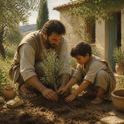 An adult and child planting a young olive tree together