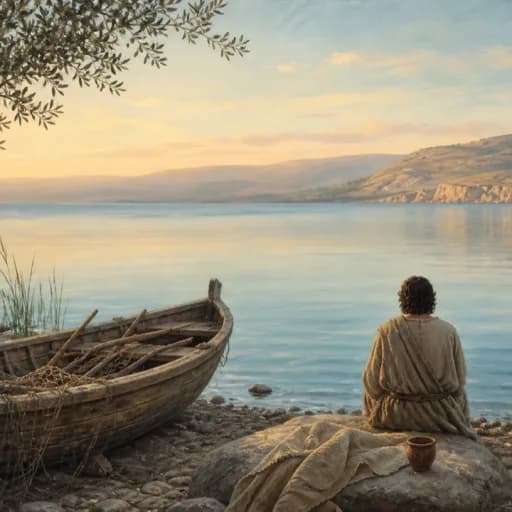 A person resting beside a calm Galilean shoreline at dawn