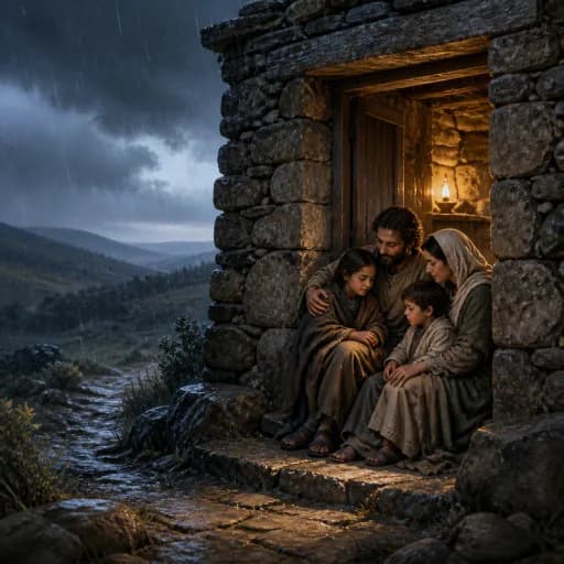 A family sheltered inside a warm stone refuge during rain