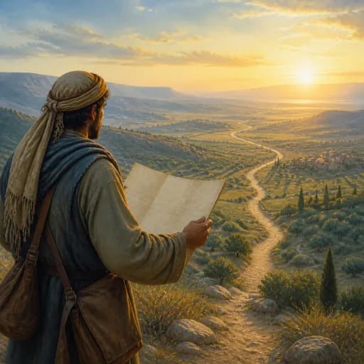 A traveler studying a blank map above a long valley path