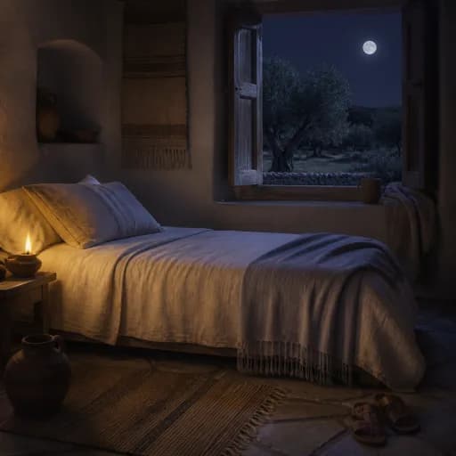 A quiet lamplit room prepared for rest beside a moonlit olive grove