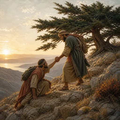 One traveler helping another rise on a steep hillside