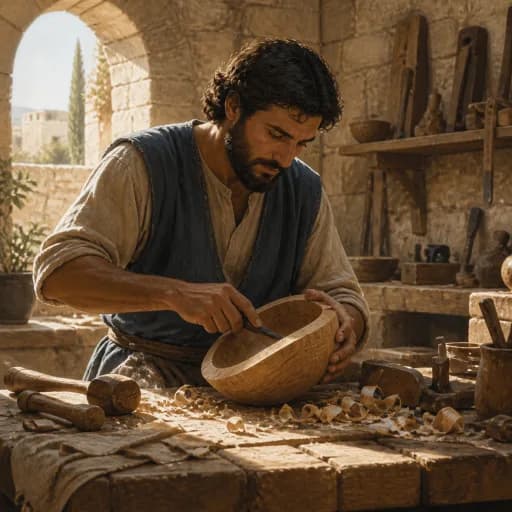 An artisan shaping a useful wooden vessel in morning light